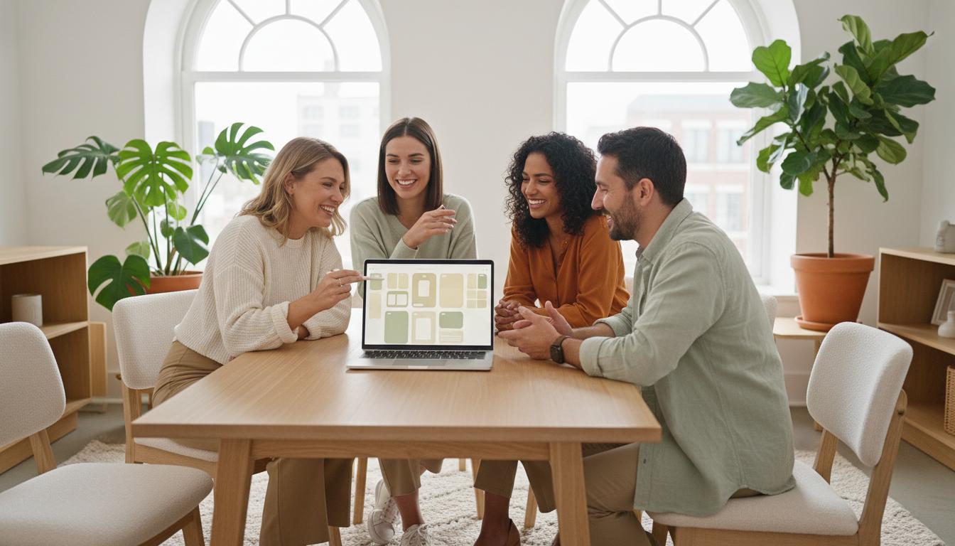 Software team collaborating around a laptop in a bright organic office
